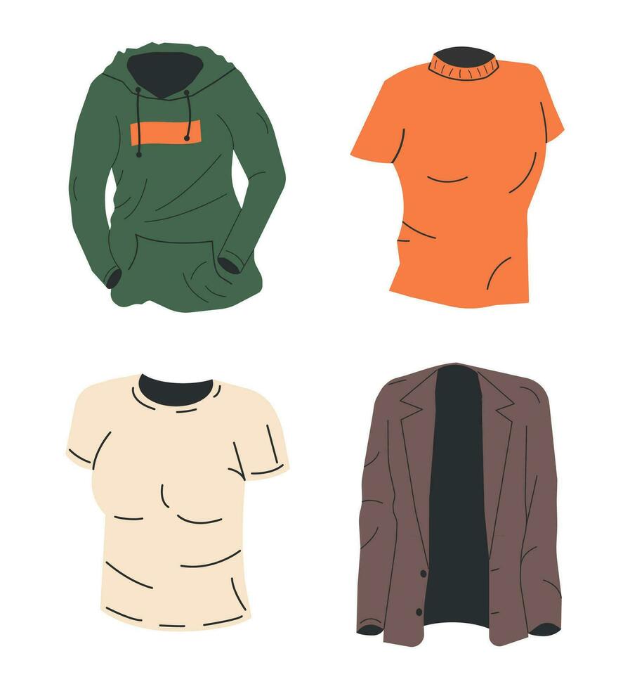 diferente mujer parte superior ropa aislado. de moda hembra casual ropa colocar. sudadera, camiseta y chaqueta. diferente mujer ropa recopilación. dibujos animados plano vector ilustración