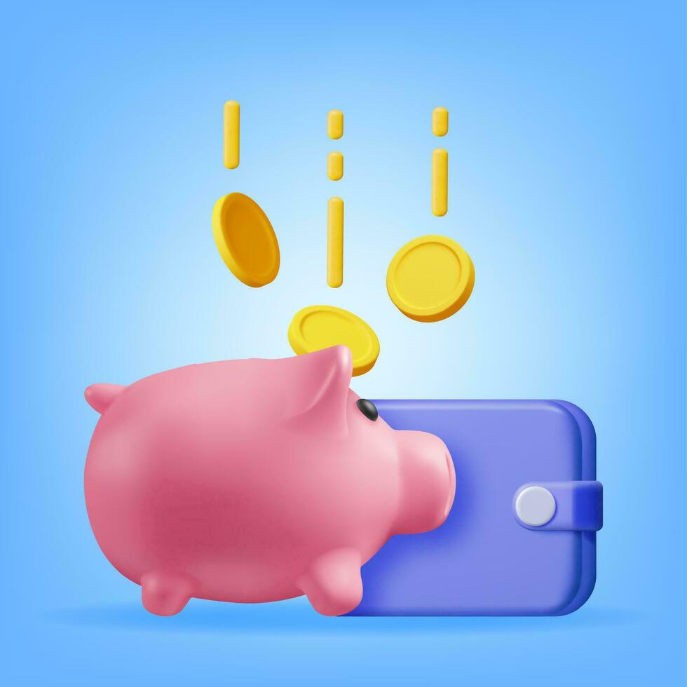 3D Piggy Bank with Coins and Wallet Isolated. Render Plastic Piggy Bank for Money. Moneybox in Form of Pig. Concept of Cash Money, Business Deposit Investment, Financial Savings. Vector Illustration
