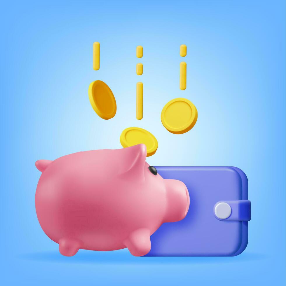 3d cerdito banco con monedas y billetera aislado. hacer el plastico cerdito banco para dinero. caja de dinero en formar de cerdo. concepto de efectivo dinero, negocio depositar inversión, financiero ahorros. vector ilustración