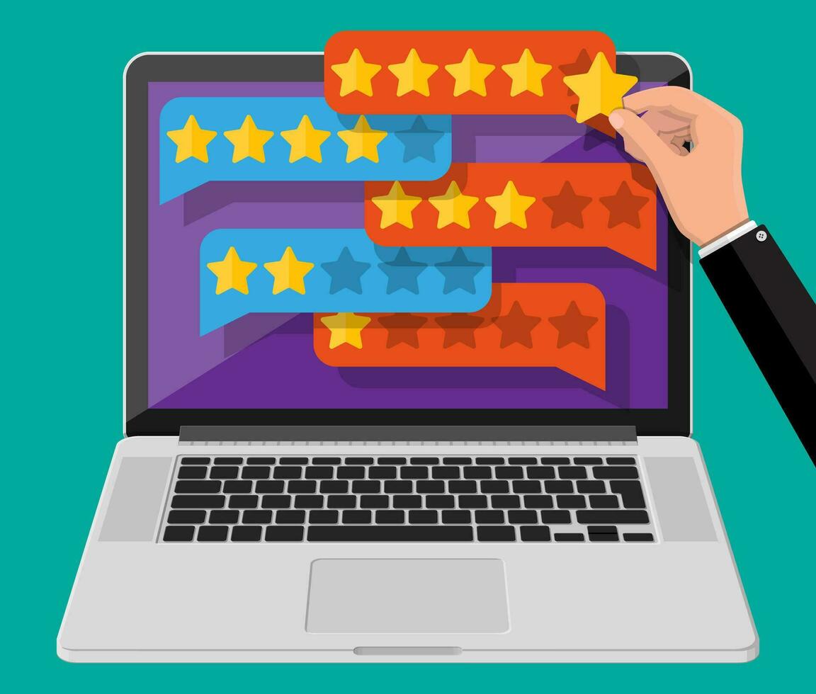 Chat clouds with golden stars on laptop screen. Reviews five stars. Testimonials, rating, feedback, survey, quality and review. Vector illustration in flat style