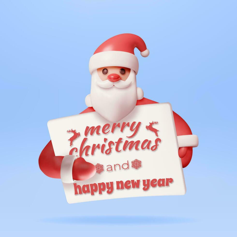 3D Funny Santa Claus Character Greetings Banner. Render Santa with Sheet of Paper for Text. Happy New Year Decoration. Merry Christmas Holiday. New Year and Xmas Celebration. Vector Illustration