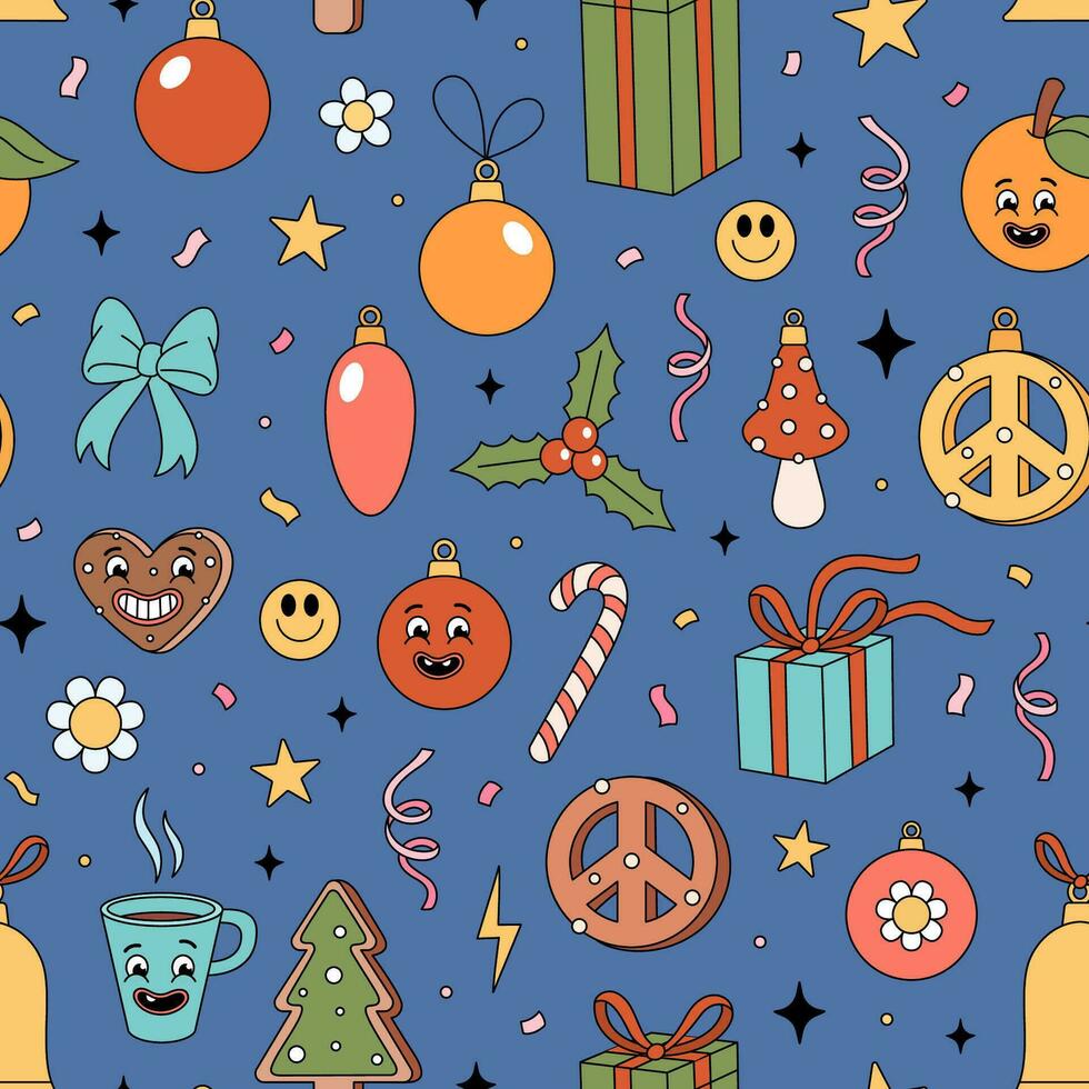 Christmas groovy elements pattern. Groovy Hippie holiday texture with Christmas objects in retro 70s style. Vector hand drawn illustration on dark blue background.