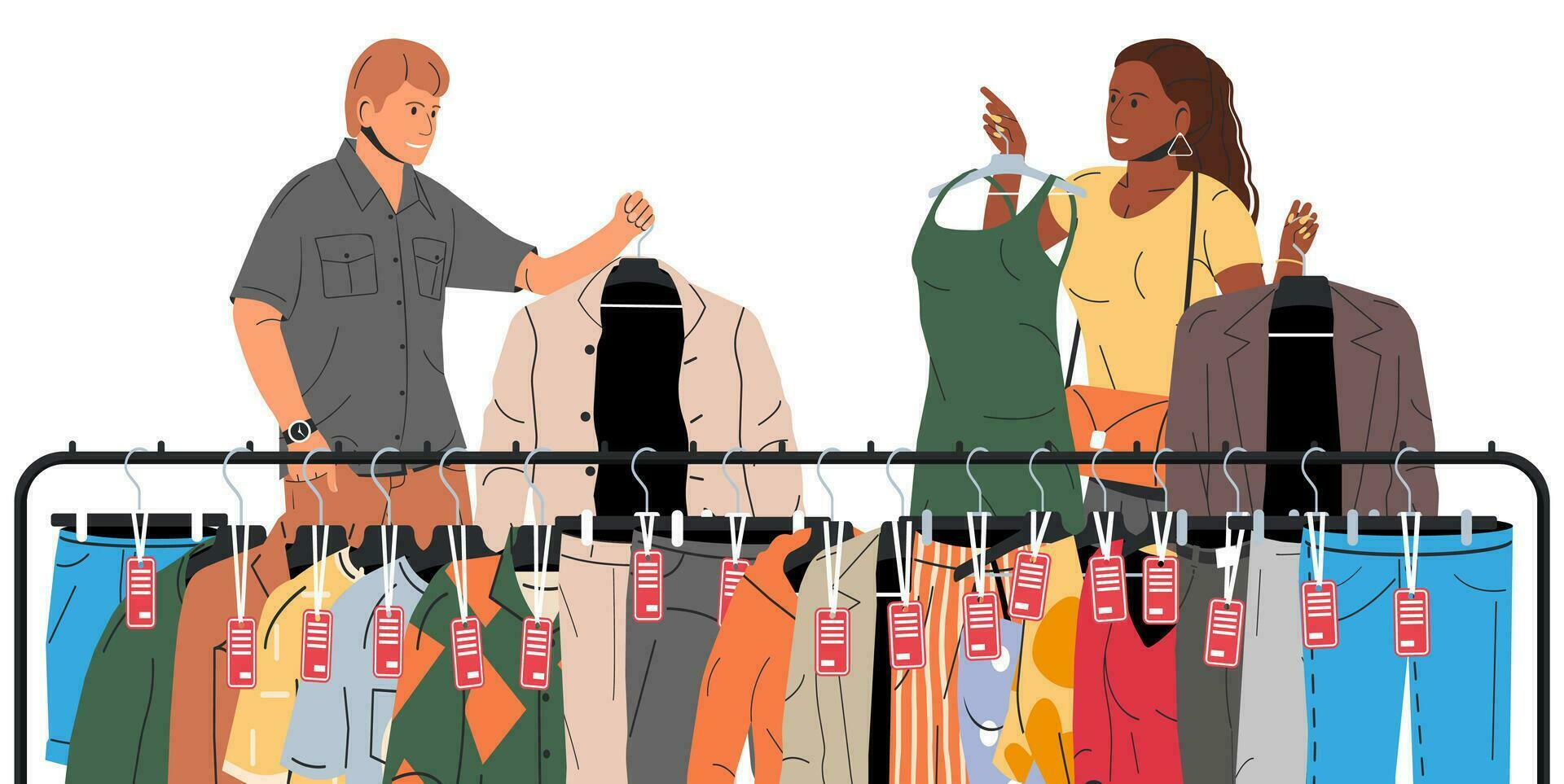 hombre y mujer cerca estante con ropa. ropa en percha. hogar o tienda armario. ropa y accesorios. varios colgando ropa. chaqueta, camisa, vaqueros, pantalones. dibujos animados plano vector ilustración