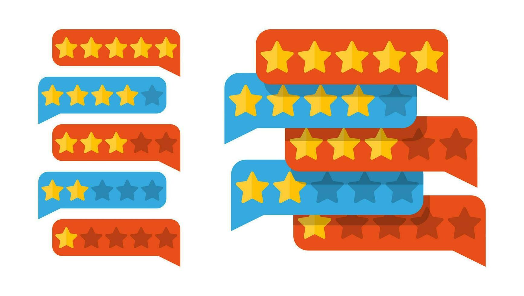 Chat clouds with golden stars. Reviews five stars. Testimonials, rating, feedback, survey, quality and review. Vector illustration in flat style