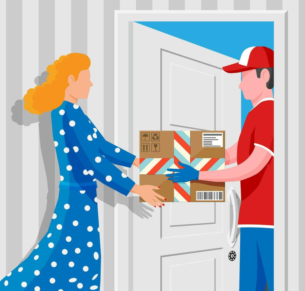 Woman receive cardboard box from man. Courier character holds parcel in his hands. Carton delivery packaging closed box with fragile signs. Free and fast shipping. Vector illustration in flat style