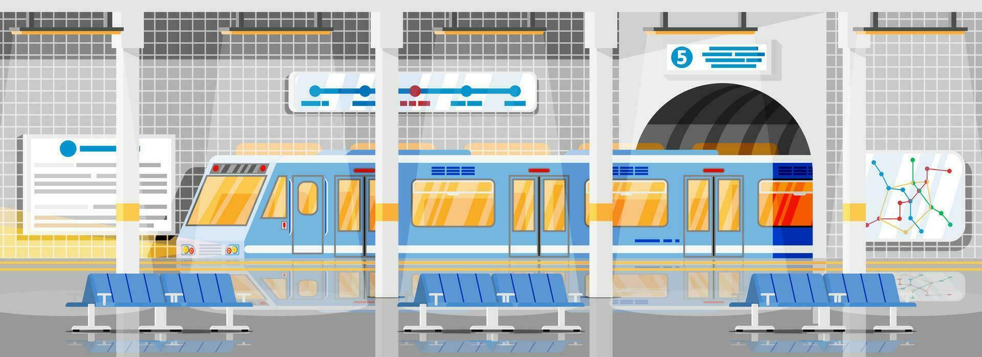Empty Subway Station Interior. Train and Underground Platform. Railway Metro Station. Passenger Express Railway. Railroad Public Transportation. Rapid Transport. Flat Vector Illustration