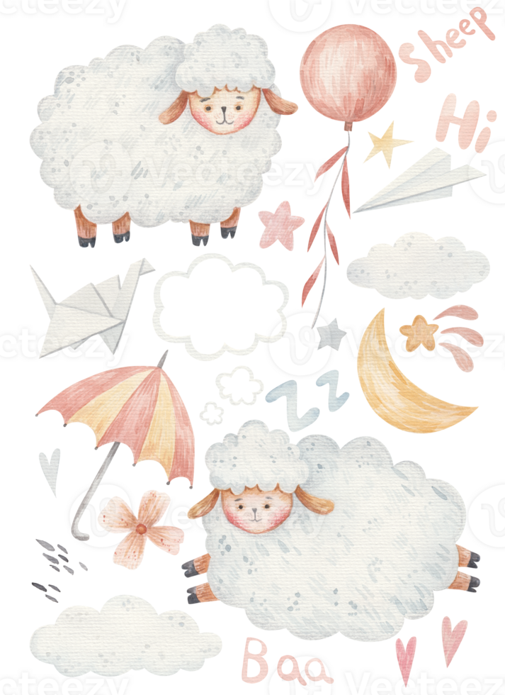 clipart with sheeps. Cute childish watercolor illustration png