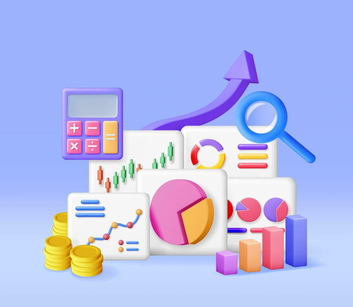 3D Financial Reports with Magnifying Glass and Calculator. Render Stock Pie Shows Growth. Financial Data Analysis, Business Research, Financial Market Trade. Money and Banking. Vector Illustration