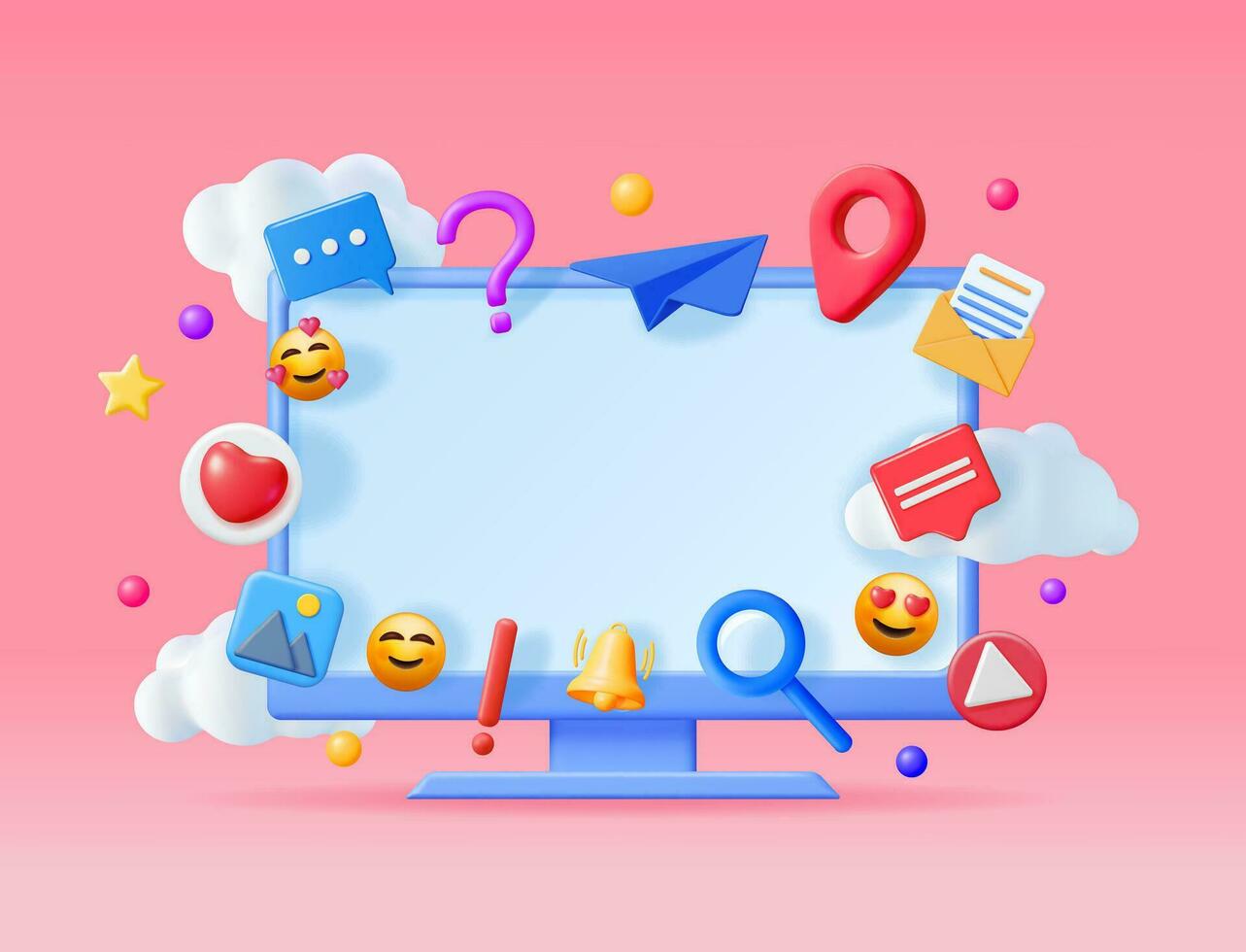 3D Social Media Concept Isolated. Render Computer with Colorful Social Network Icon. Chat Bubble, Like Button, Exclamation Question Mark, Notification Bell. Online Communication. Vector Illustration