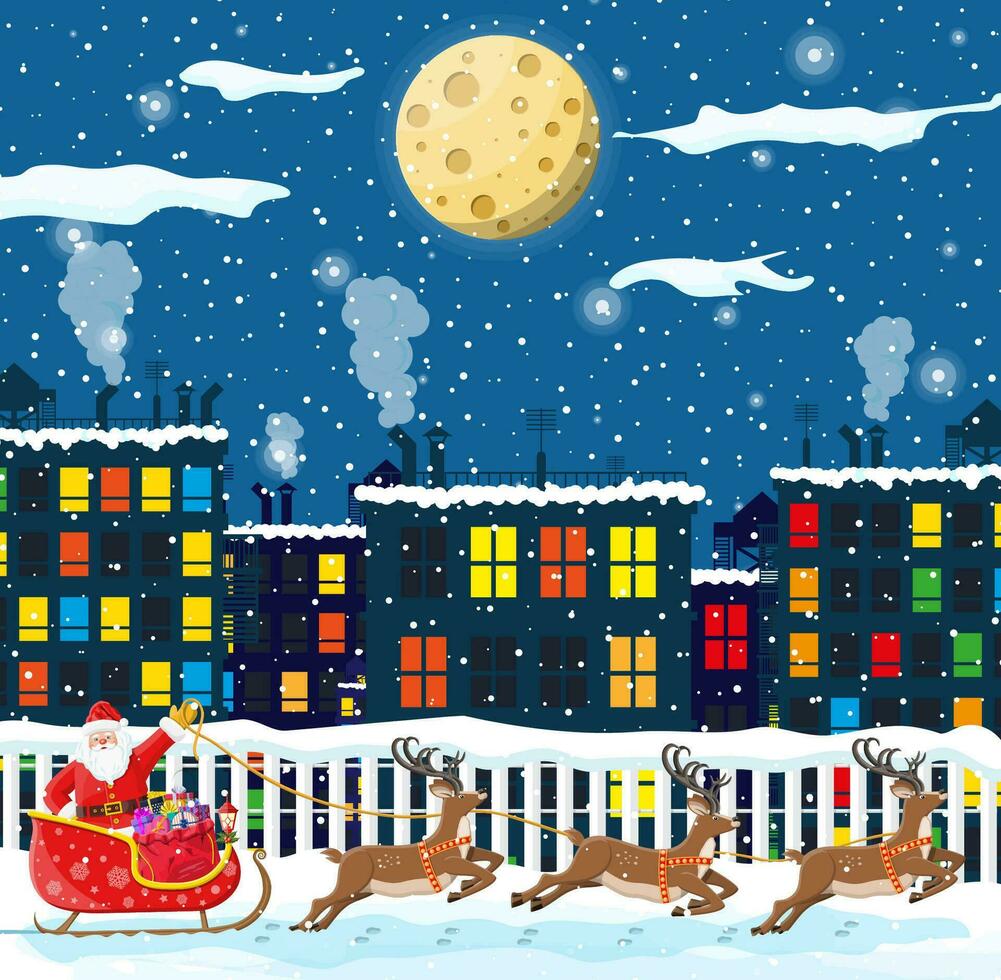Santa claus rides reindeer sleigh. Christmas winter cityscape, snowflakes, buildings. Happy new year decoration. Merry christmas holiday. New year and xmas celebration. Vector illustration flat style