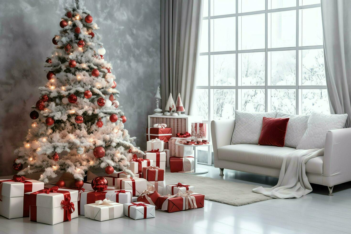 Cosy living room with beautiful christmas tree and red gifts in modern interior. Interior of living room decorated for merry christmas with socks, gift boxes and christmas accessories by AI Generated photo