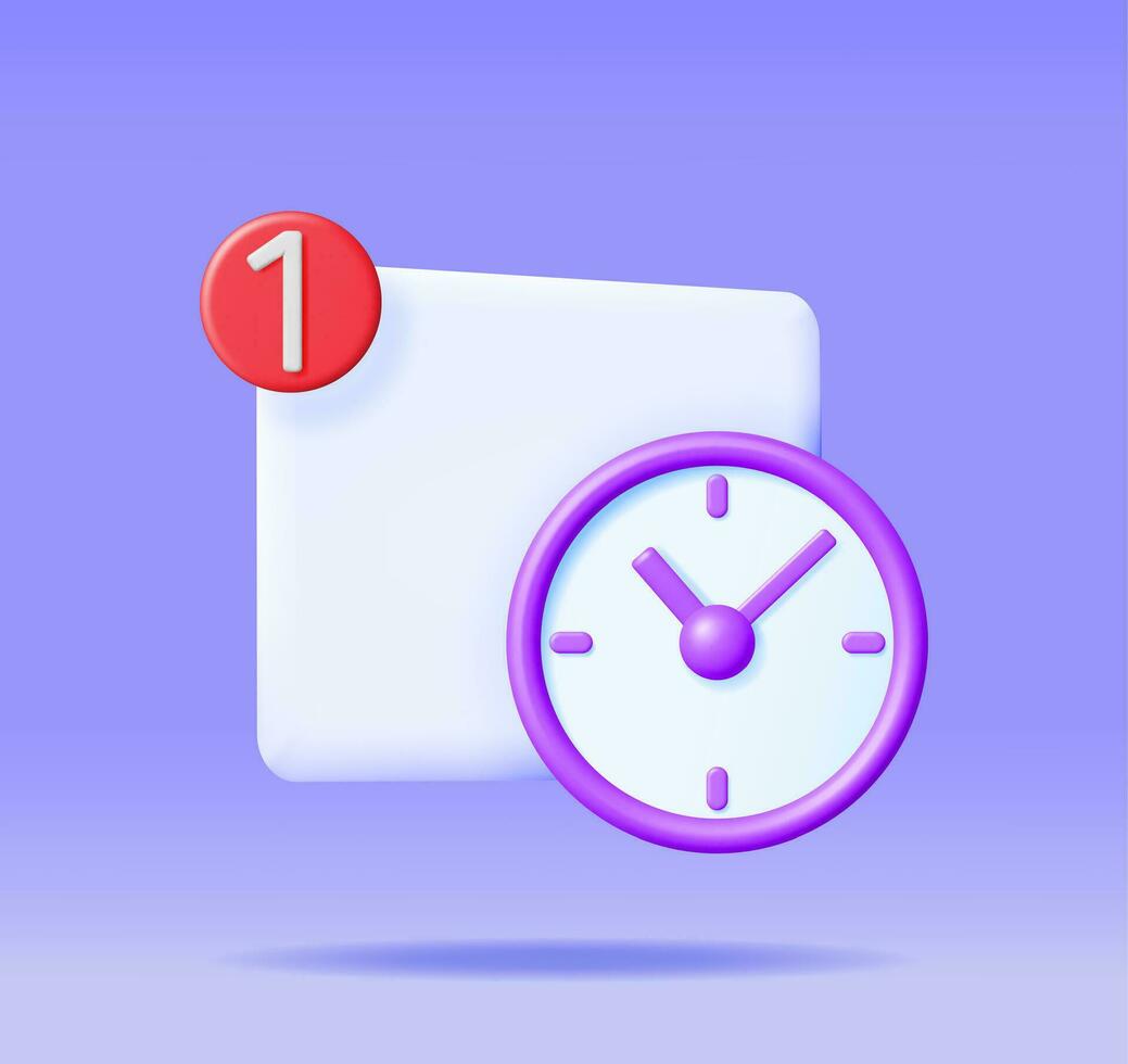 3D Round Wall Clock with Notification Icon Isolated. Render Alarm Clock Icon. Measurement of Time, Deadline, Time-Keeping and Time Management Concept. Watch Symbol. Minimal Vector Illustration