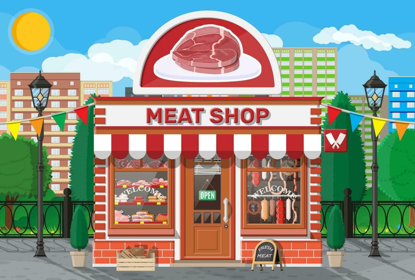 Vintage butcher shop store facade with storefront. Meat street market. Meat store stall showcase counter. Sausage slices delicatessen gastronomic product of beef pork chicken. Flat vector illustration