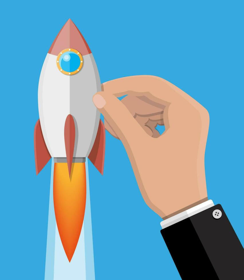 Cartoon rocket in the businessman hand. Space ship take off. Business startup concept. Vector illustration in flat style