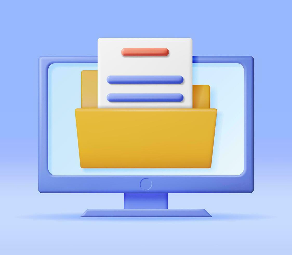 3D Business Folder Full of Papers on Computer. Render Yellow Folder for Correspondence, Concept of File Transfer, Document Migration, Remote Access to Encrypted Documents. Vector Illustration