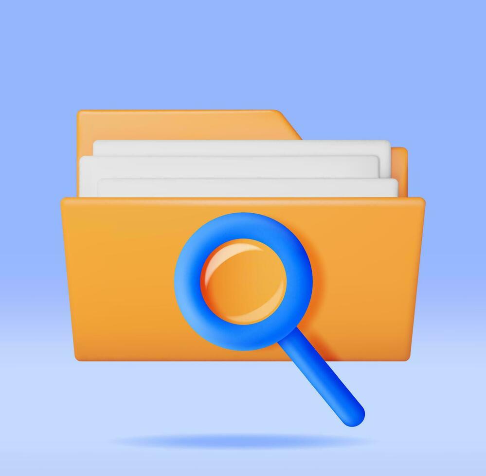 3D Document Folder with Magnifying Glass. Render Analysis of Folder with Loupe. Focus Research and Online Data Monitoring. Discovery, Analysis, Research, Investigation, Search. Vector Illustration