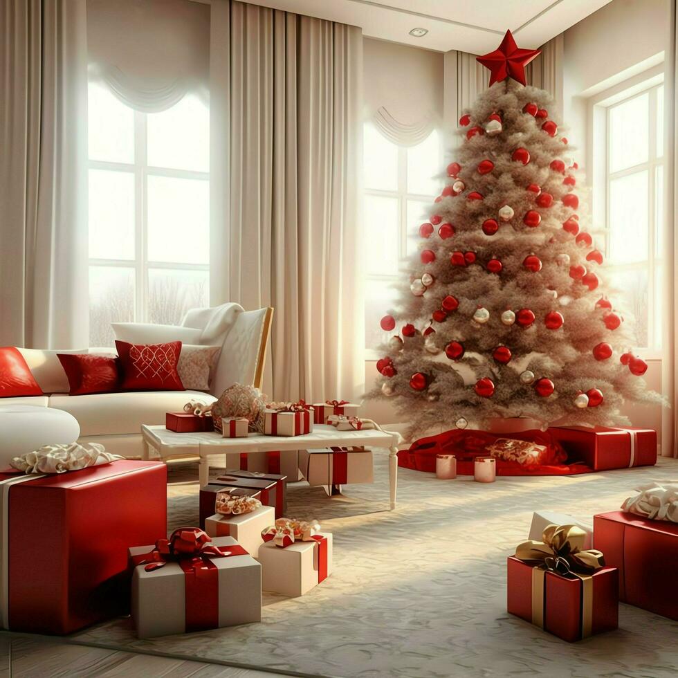 Cosy living room with beautiful christmas tree and red gifts in modern interior. Interior of living room decorated for merry christmas with socks, gift boxes and christmas accessories by AI Generated photo