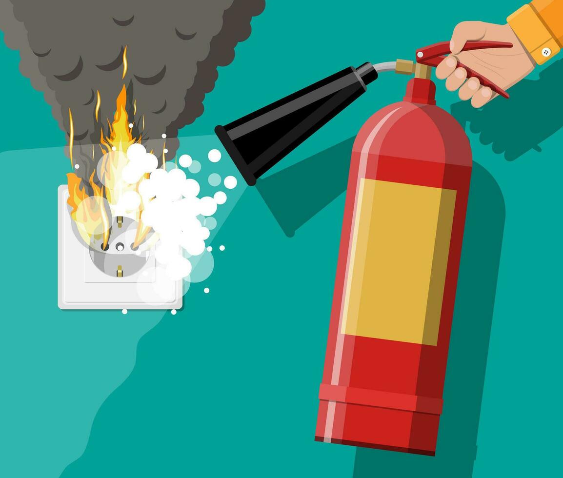 Electrical outlet with plug on fire and fire extinguisher in hand with foam. Overload of network. Short circuit. Electrical safety concept. Wall socket in flames with smoke. Flat vector illustration