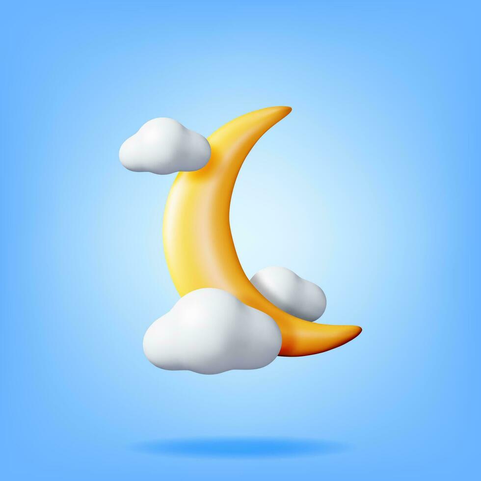 3D Gold Crescent Moon in Clouds. Render Yellow Moon Balloon and Cloud Party Event Decoration. Wedding, Birthday Celebration. Islamic Ramadan, Muslim Anniversary. Cartoon Vector Illustration