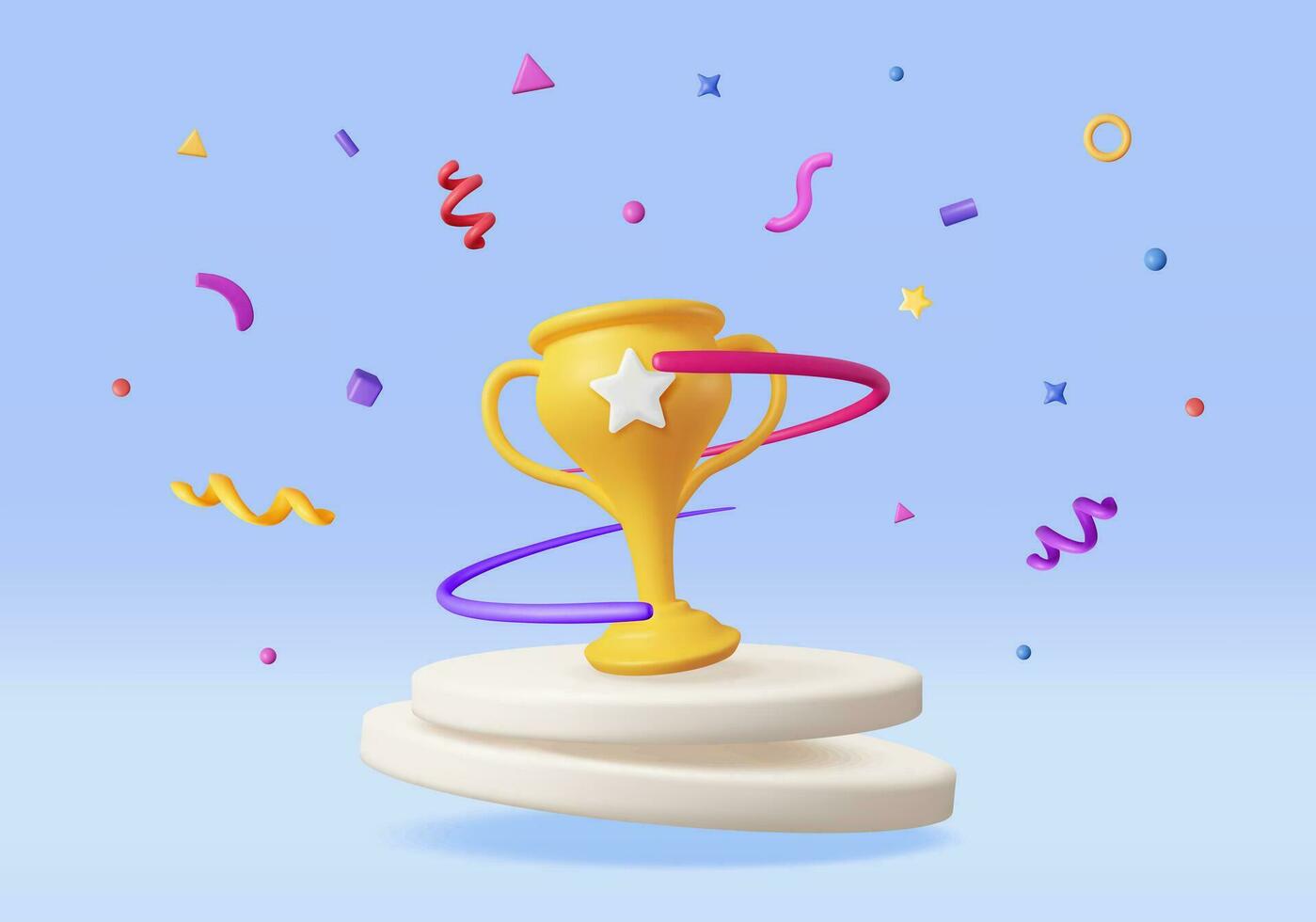 3D Golden Champion Trophy with Confetti on Podium. Render Gold Cup Trophy Icon. Gold Trophy for Competitions. Award Victory, Goal Champion Achievement, Prize Sports Award, Success. Vector Illustration