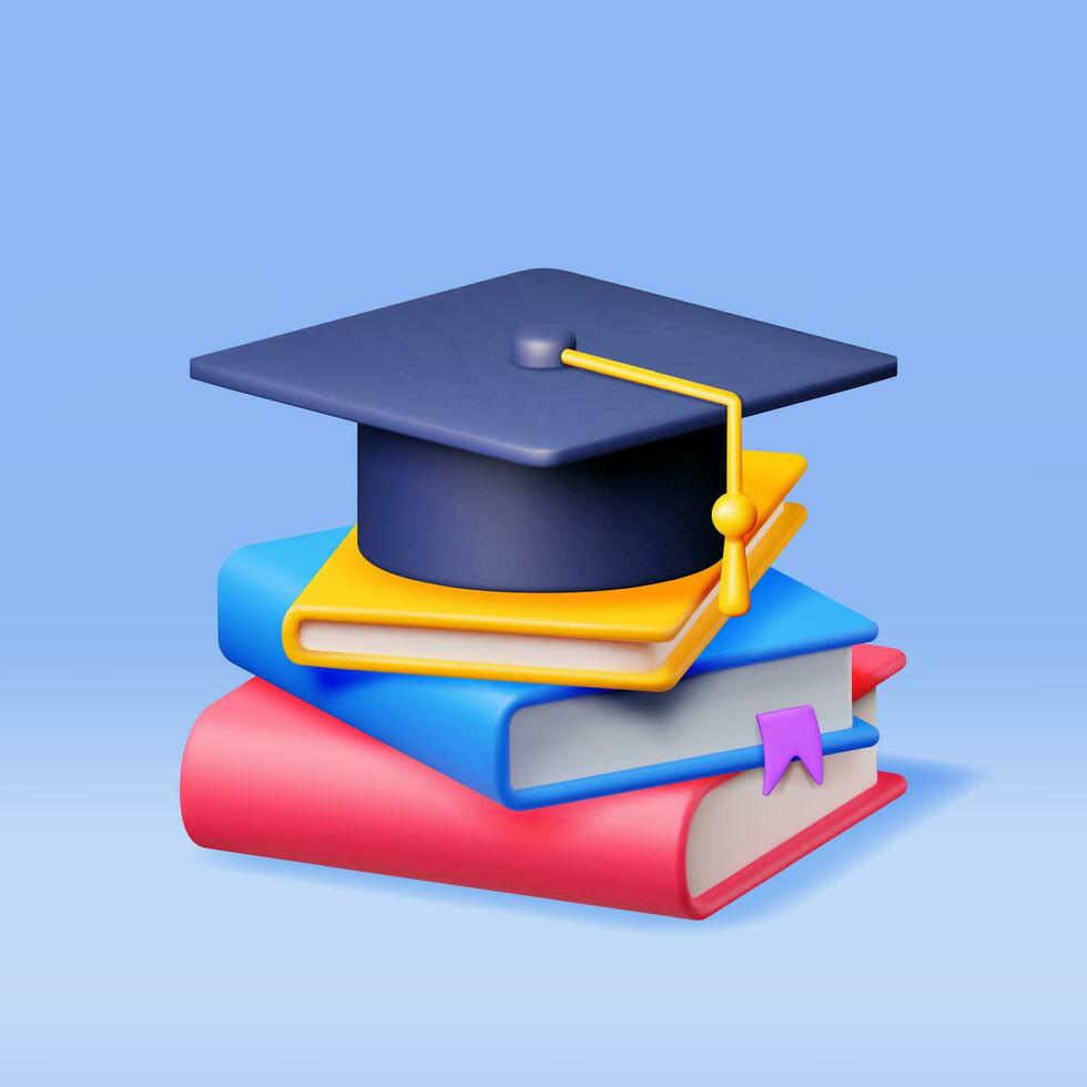 3D Graduation Cap and Stack of Books Isolated. Render Graduation Hat and Textbook. Education Symbol. Mortarboard Hat with Tassel. Education, Degree Ceremony Concept. Vector Illustration