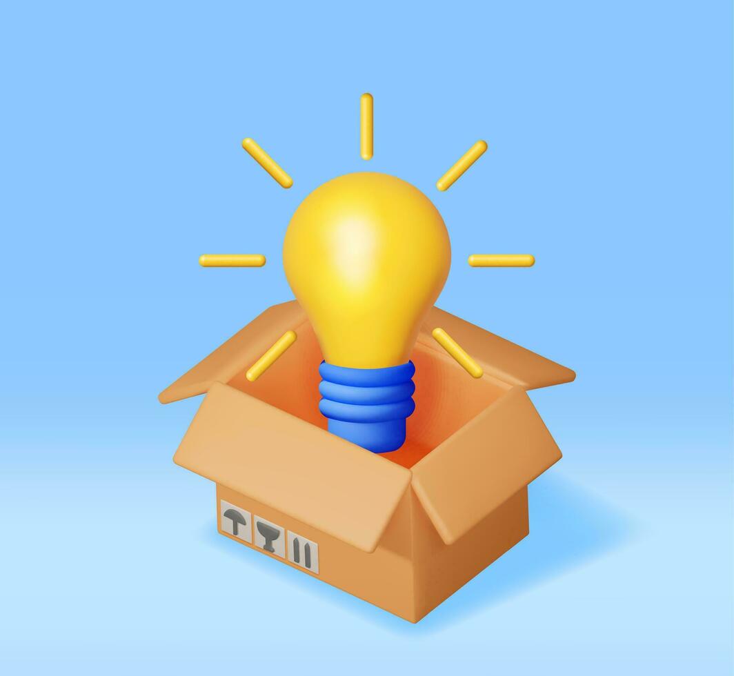3D Light Idea Bulb Ejected from Cardboard Box Isolated. Render of Startup, Creative Idea, Leadership, Business Success or Inspiration. Glass Bulb with Spiral, Crowdfunding. Vector Illustration