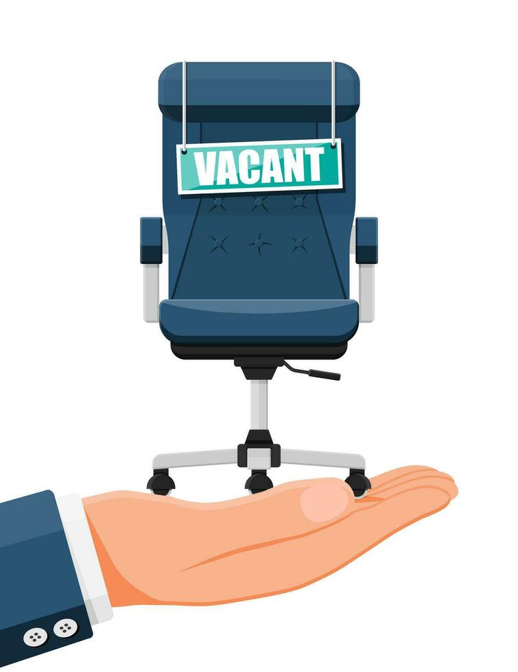 Office chair and sign vacancy in hand of boss. Hiring and recruiting. Human resources management concept, searching professional staff, work. Found right resume. Vector illustration in flat style