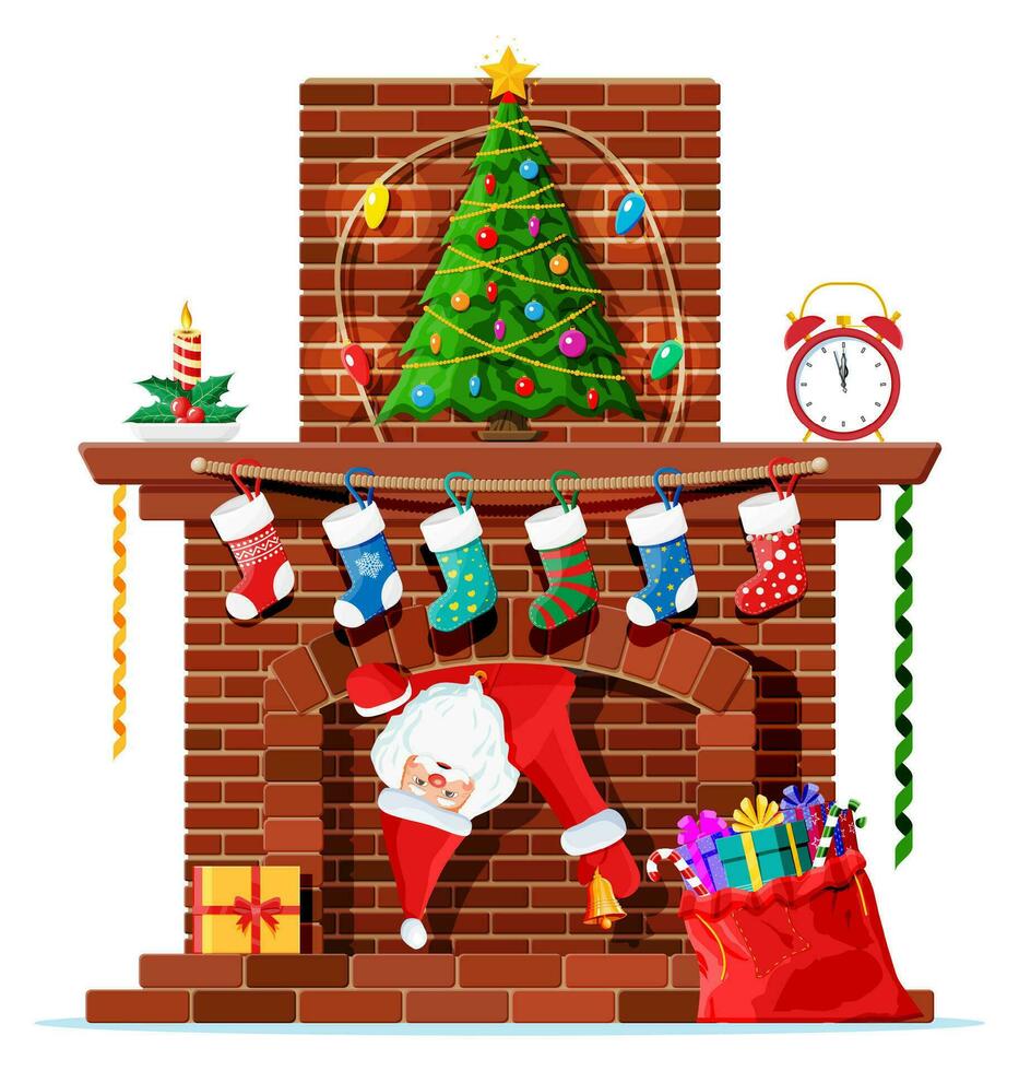 Santa claus stuck in chimney. Fireplace with socks, candle, gift box, tree, garland. Happy new year decoration. Merry christmas holiday. New year and xmas celebration. Vector illustration flat style