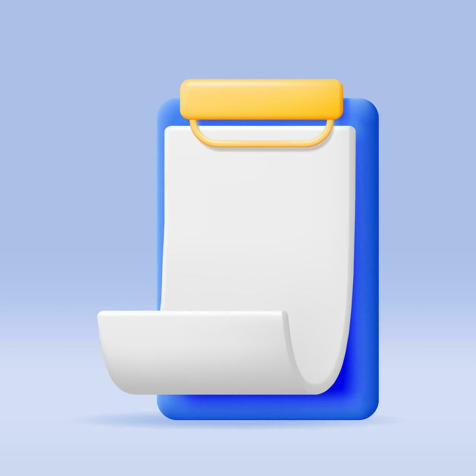 3D Clipboard with Empty Paper Sheet Isolated on White Background. Render Clip Board with White Paper Scroll. Office Stationery or Business Paperwork Concept. Vector Illustration