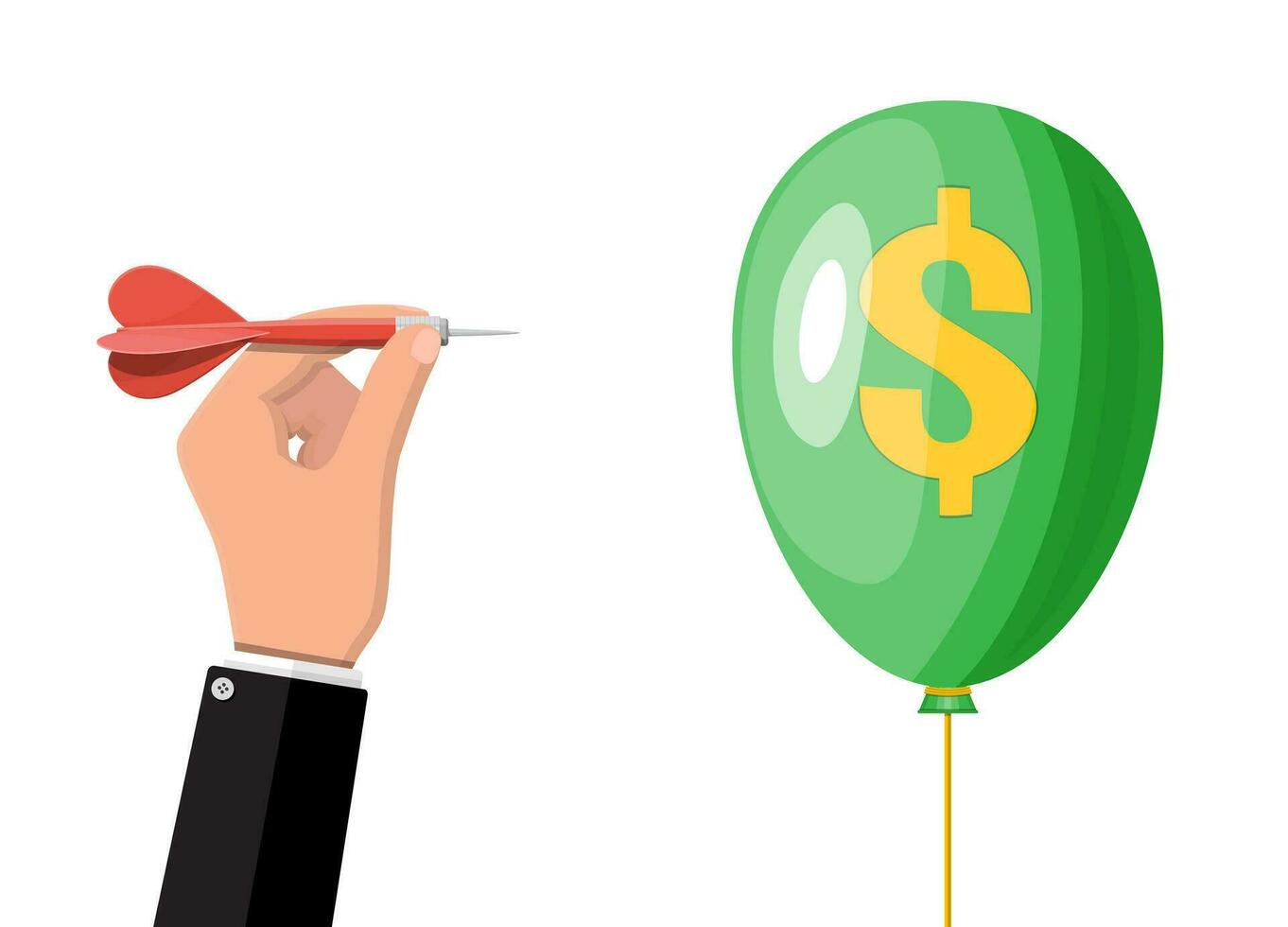 Hand throw dart in balloon with dollar sign. Concept of economy problem or financial crisis, recession, inflation, bankruptcy, income lost, loss of capital. Vector illustration flat style