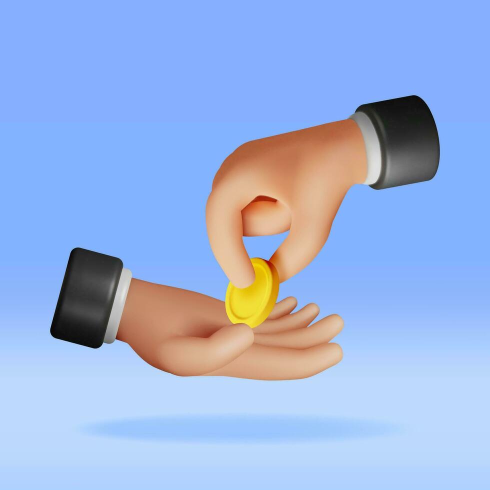 3D Hand Passes Coin to Other Isolated. Render Hand Giving Gold Coin to Beggar Hand. Charity, Donation, Help and Aid Concept. Money, Salary, Corruption, Gift, Bribe. Vector Illustration