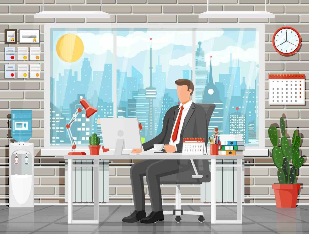 Office building interior. Businessman at desk with computer, chair, lamp, books and document papers. Drawer, tree, clocks, calendar, printer. Modern business workplace. Flat vector illustration