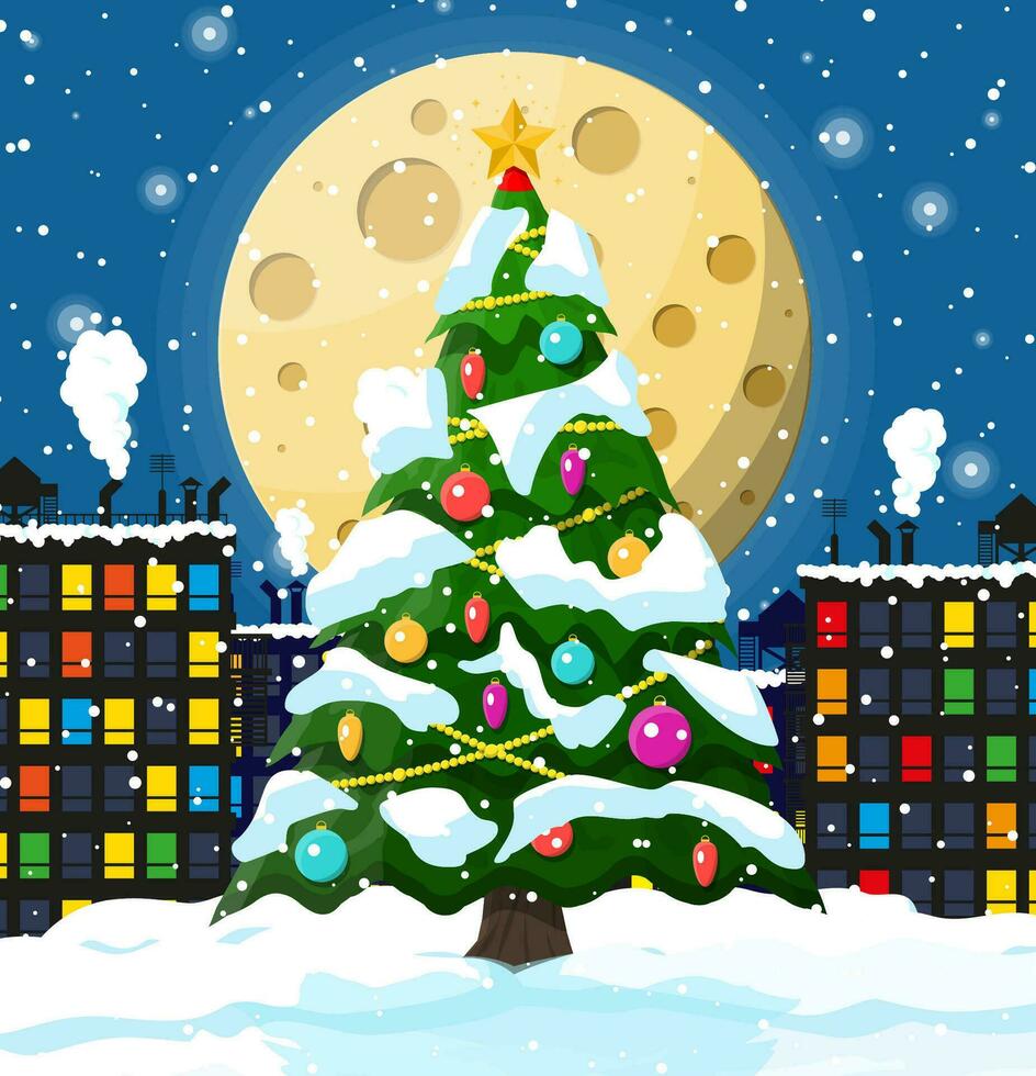 Navidad invierno paisaje urbano, copos de nieve y arboles ciudad parque nieve callejón y edificios contento nuevo año decoración. alegre Navidad día festivo. nuevo año y Navidad celebracion. vector ilustración plano estilo