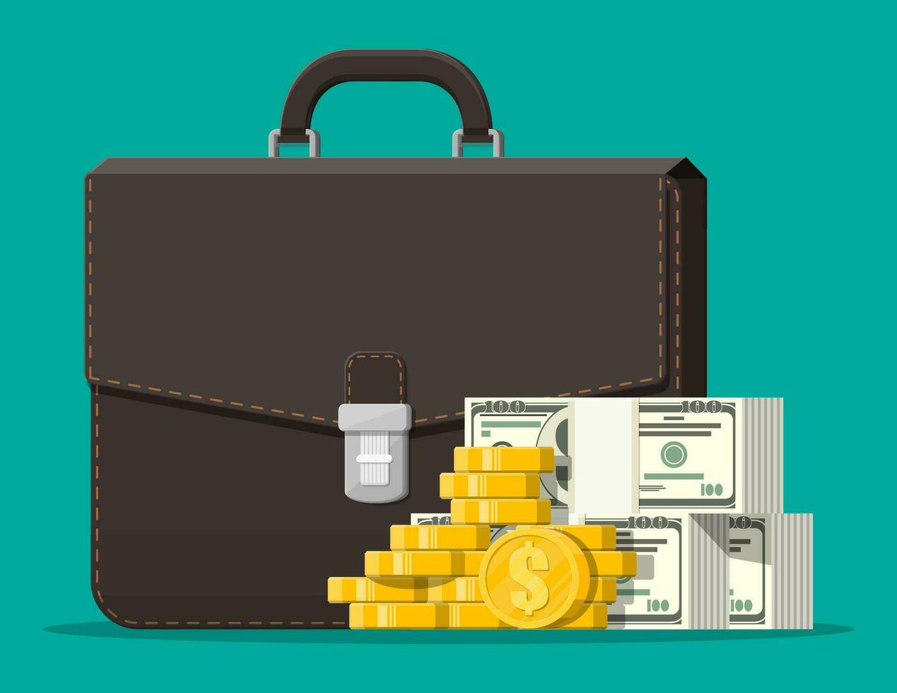 Leather suitcase full of money. Stacks of dollar banknotes and golden coins and case. Symbol of wealth. Business success. Stock market investment portfolio. Flat style vector illustration.