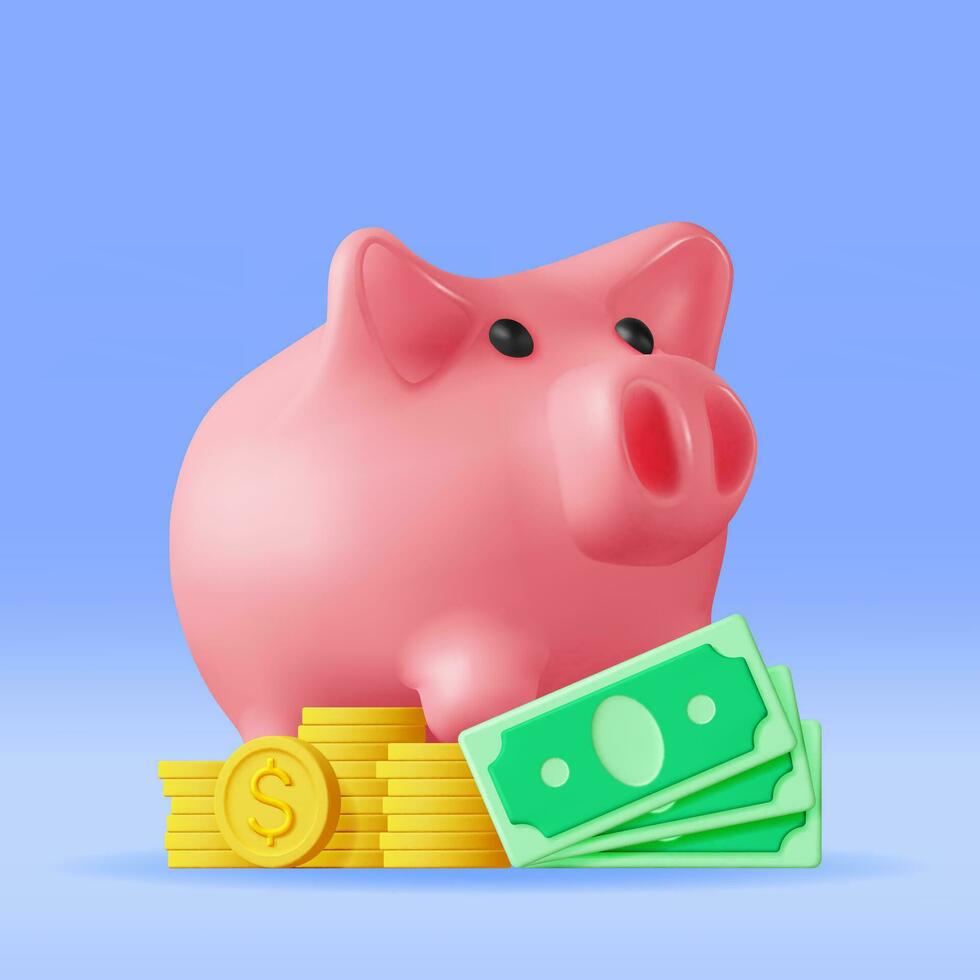 3D Piggy Bank with Coins and Banknotes. Render Plastic Piggy Bank for Money. Moneybox in Form of Pig. Concept of Cash Money, Business Deposit Investment, Financial Savings. Vector Illustration