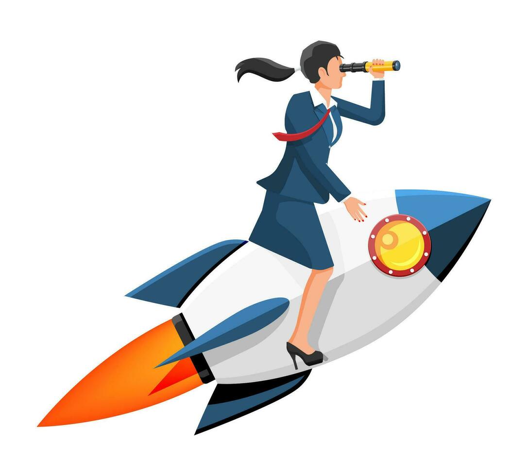 Successful businesswoman with spyglass flying on rocket. Launch of space ship with business woman. New idea or start up. Development of startup, career ladder. Vector illustration in flat style