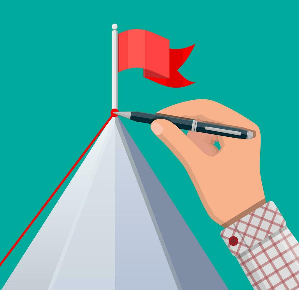 empresario mano con bolígrafo sorteos línea arriba. bandera en pico de montaña. negocio éxito, objetivo, triunfo, objetivo logro. victorioso de competencia. vector ilustración plano estilo