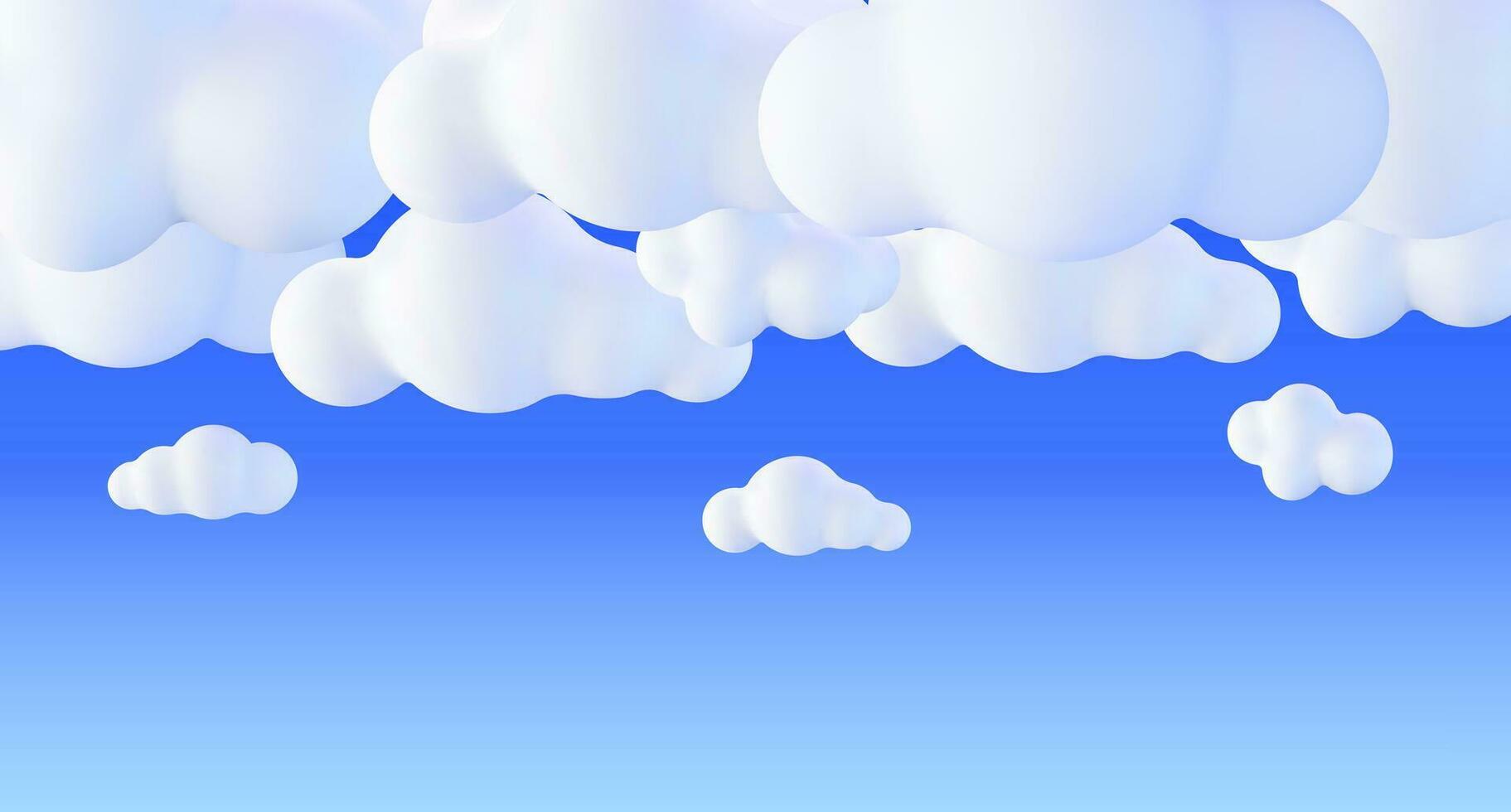 Beautiful Fluffy Clouds on Blue Sky Background. Collection of Cartoon Cumulus Cloud. Render Bubble Cute Circle Shaped Smoke or Cumulus Fog Symbol. Vector Illustration