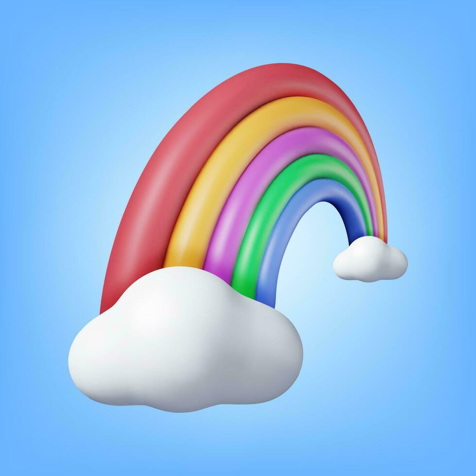 3d Cartoon Rainbow with Clouds Isolated. Render Minimal Rainbow in Cloud Art Element. Plastic Children Toy. Realistic Kids Decoration. Vector illustration.