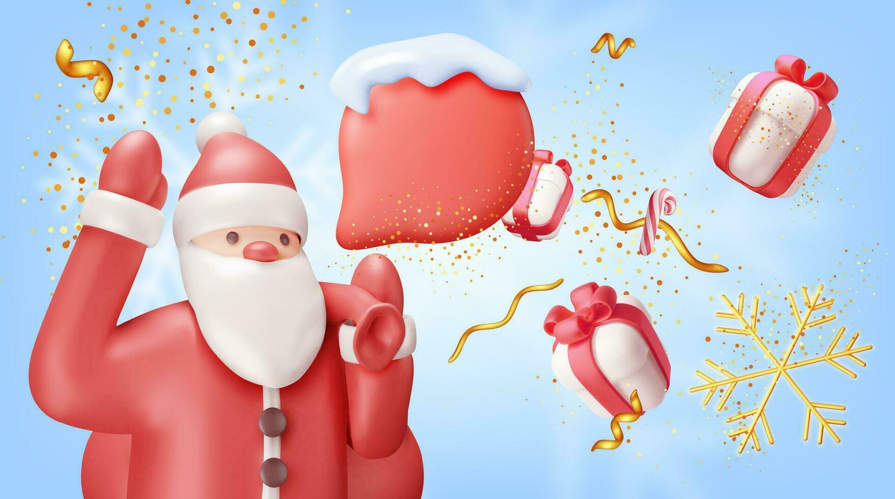 3D Christmas Banner with Santa Claus and Chat Bubble. Render Happy New Year Decoration. Merry Christmas Holiday. New Year and Xmas Celebration. Realistic Vector Illustration