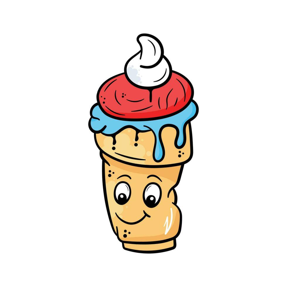 Cartoon style icon of ice cream, happy mood emoticon, graffiti art vector design