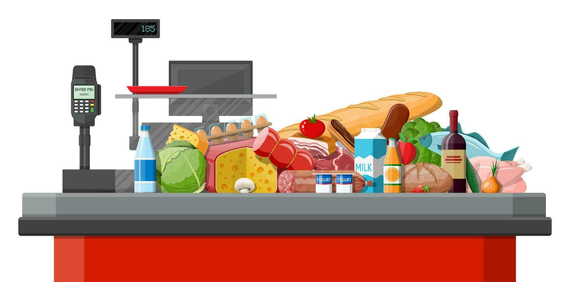 Groceries in checkout counter. Grocery store collection. Supermarket. Fresh organic food drinks. Milk, vegetables meat chicken cheese sausages, wine fruits, fish cereal juice. Flat vector illustration