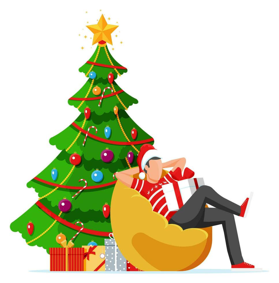 hombre sentado en frijol bolso participación regalo caja. masculino personaje con Navidad árbol y presente. contento nuevo año decoración. alegre Navidad día festivo. nuevo año, Navidad celebracion. plano vector ilustración