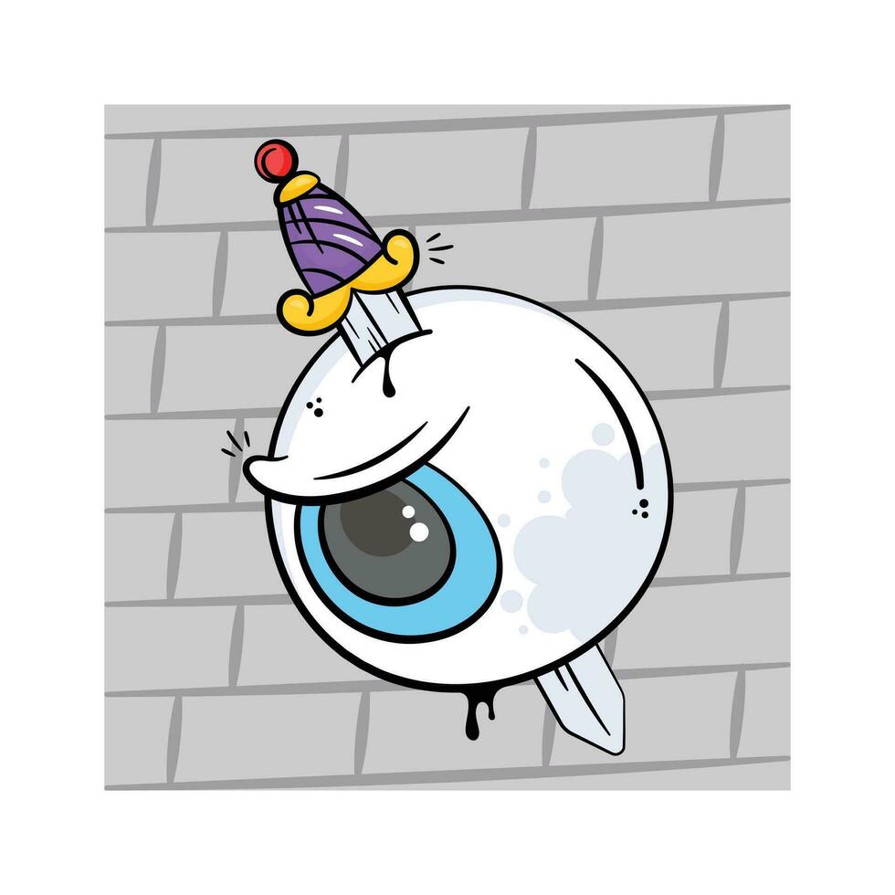 Cartoon style drawing of an eyeball with a party hat and a dagger vector