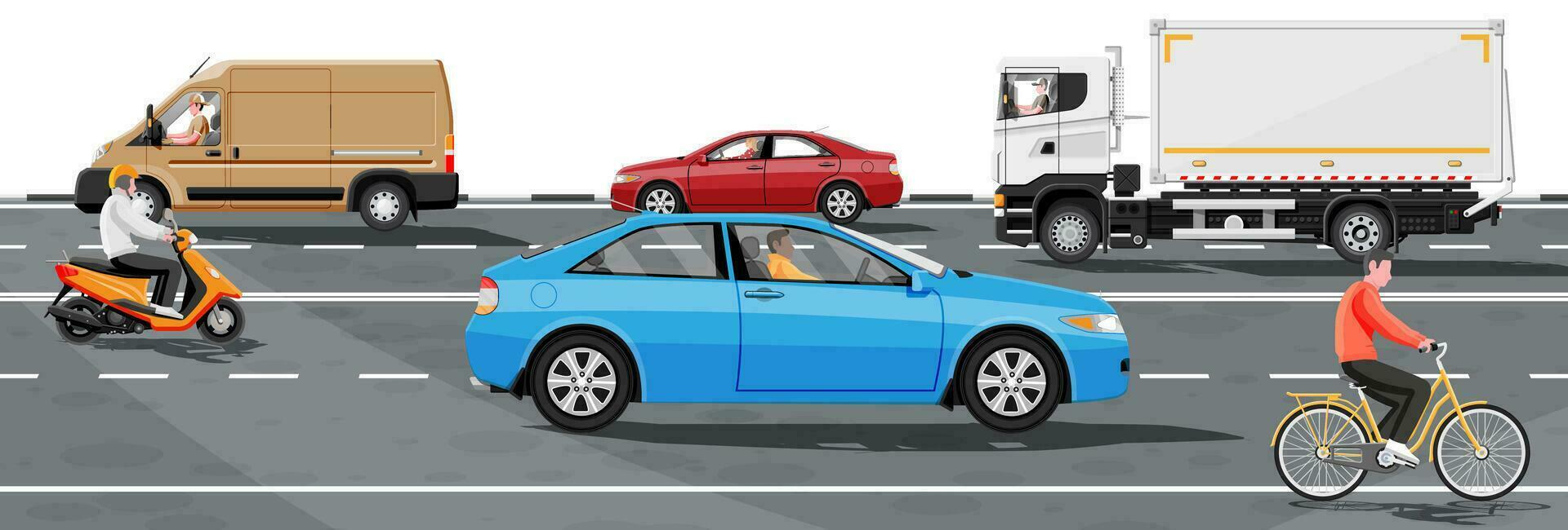 Collection Of Various Vehicles On Road. Sedan, Van, Truck And Motorbike, Bicycle. Car For Transportation, Cargo Services. City Or Urban Transport. Highway Side View. Vector Illustration In Flat Style