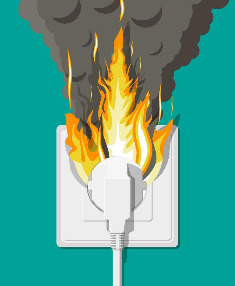 Electrical outlet with plug on fire. Overload of network. Short circuit. Electrical safety concept. Wall socket in flames with smoke. Vector illustration in flat style