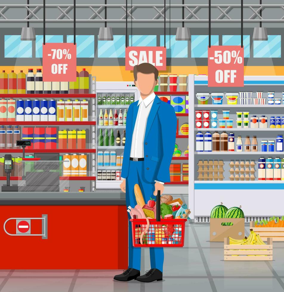 Supermarket store interior with goods. Big shopping mall. Groceries shop. Inside of super market. Customer with basket full of food. Grocery, drinks, fruits, dairy products. Flat vector illustration