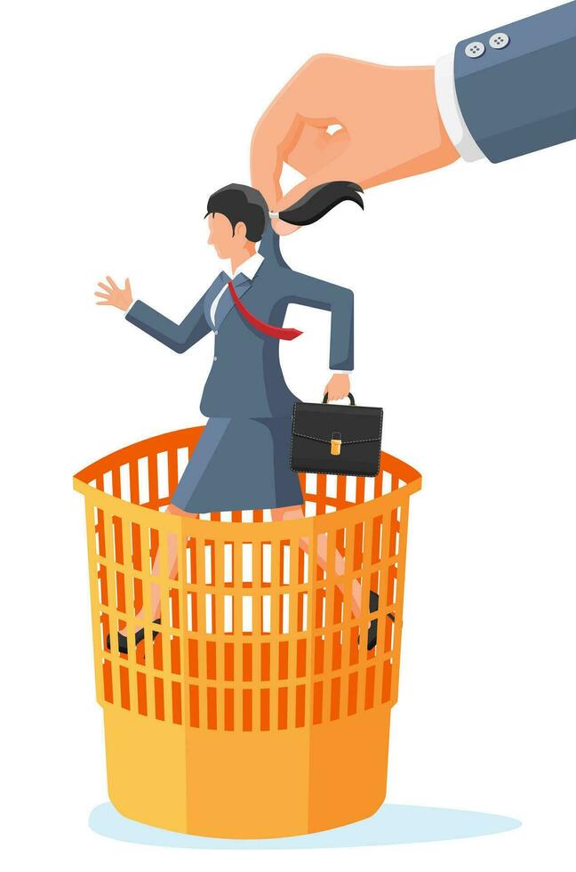 Big Hand Throwing Businesswoman Into Trash Can. Useless Person, Staff Reduction Concept. Fired, Dismissal of Employees, Unemployment Problem. Cartoon Flat Vector Illustration