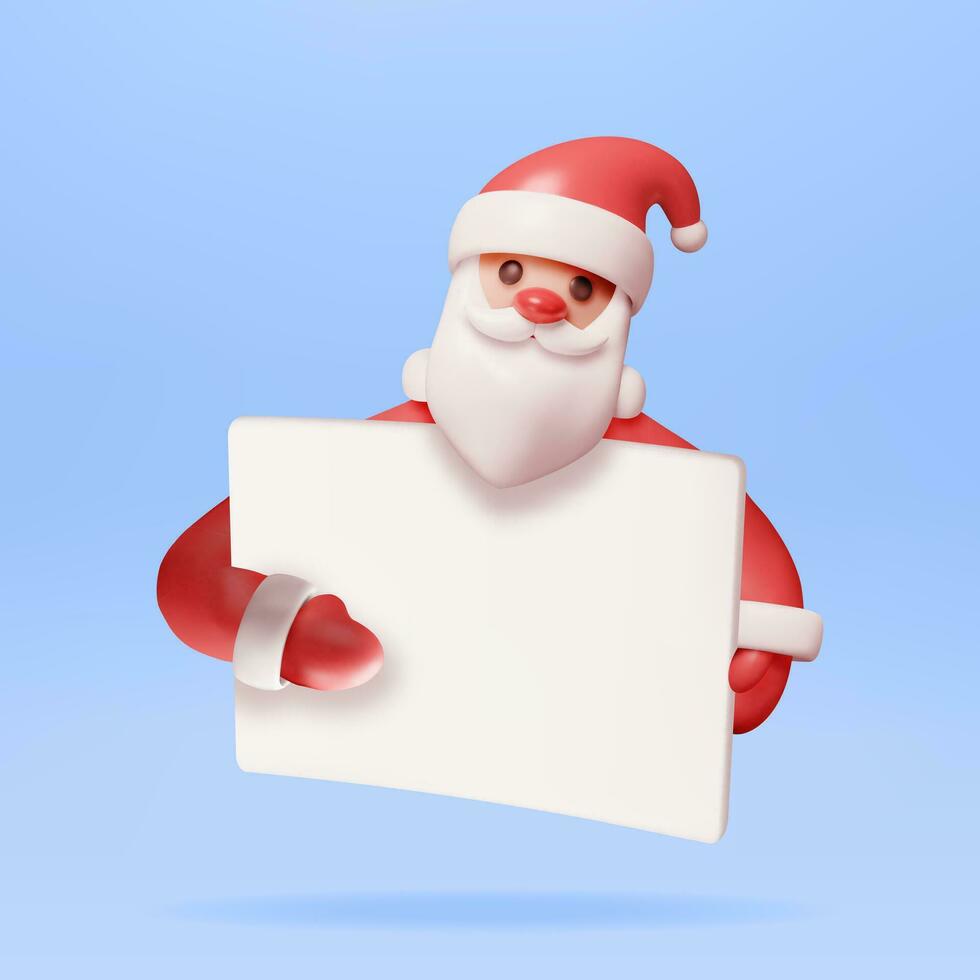 3D Funny Santa Claus Character Greetings Banner. Render Santa with Sheet of Paper for Text. Happy New Year Decoration. Merry Christmas Holiday. New Year and Xmas Celebration. Vector Illustration