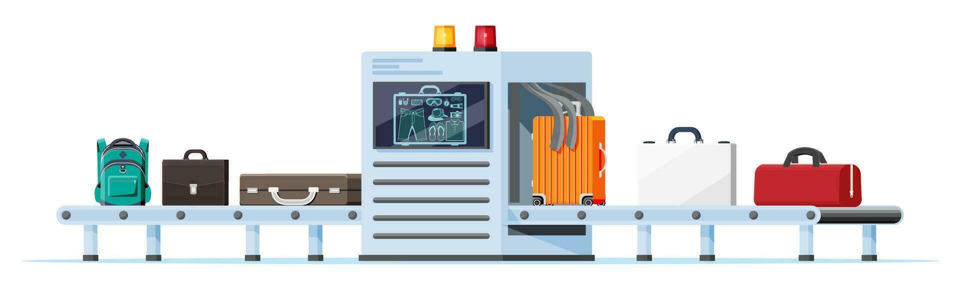 Airport Security Scanner Icon. Conveyor Belt With Passenger Luggage. Baggage Carousel Scan Isolated On White. Package X-ray Baggage. Security, Logistic And Delivery. Cartoon Flat Vector Illustration